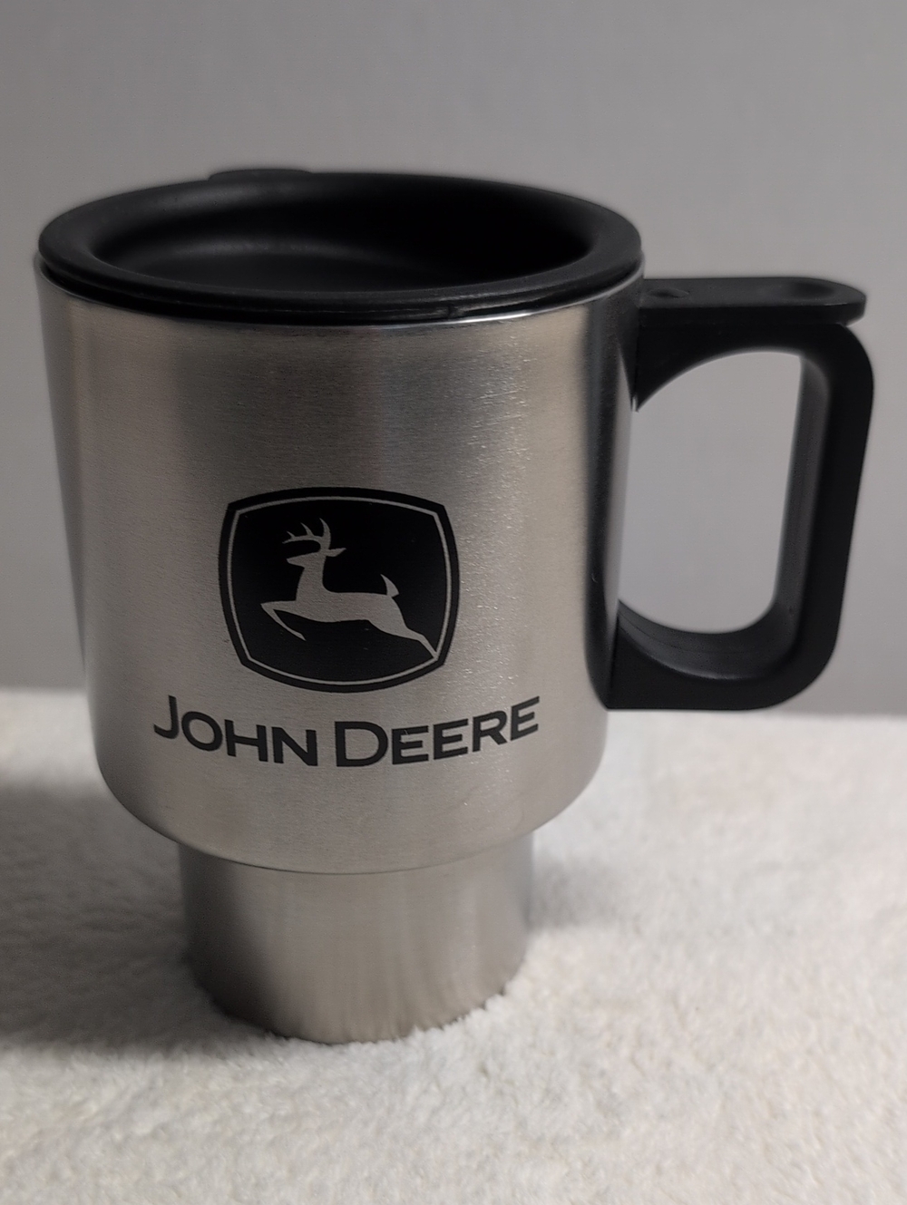 John Deere Silver Travel Mug with Black Logo and Handle